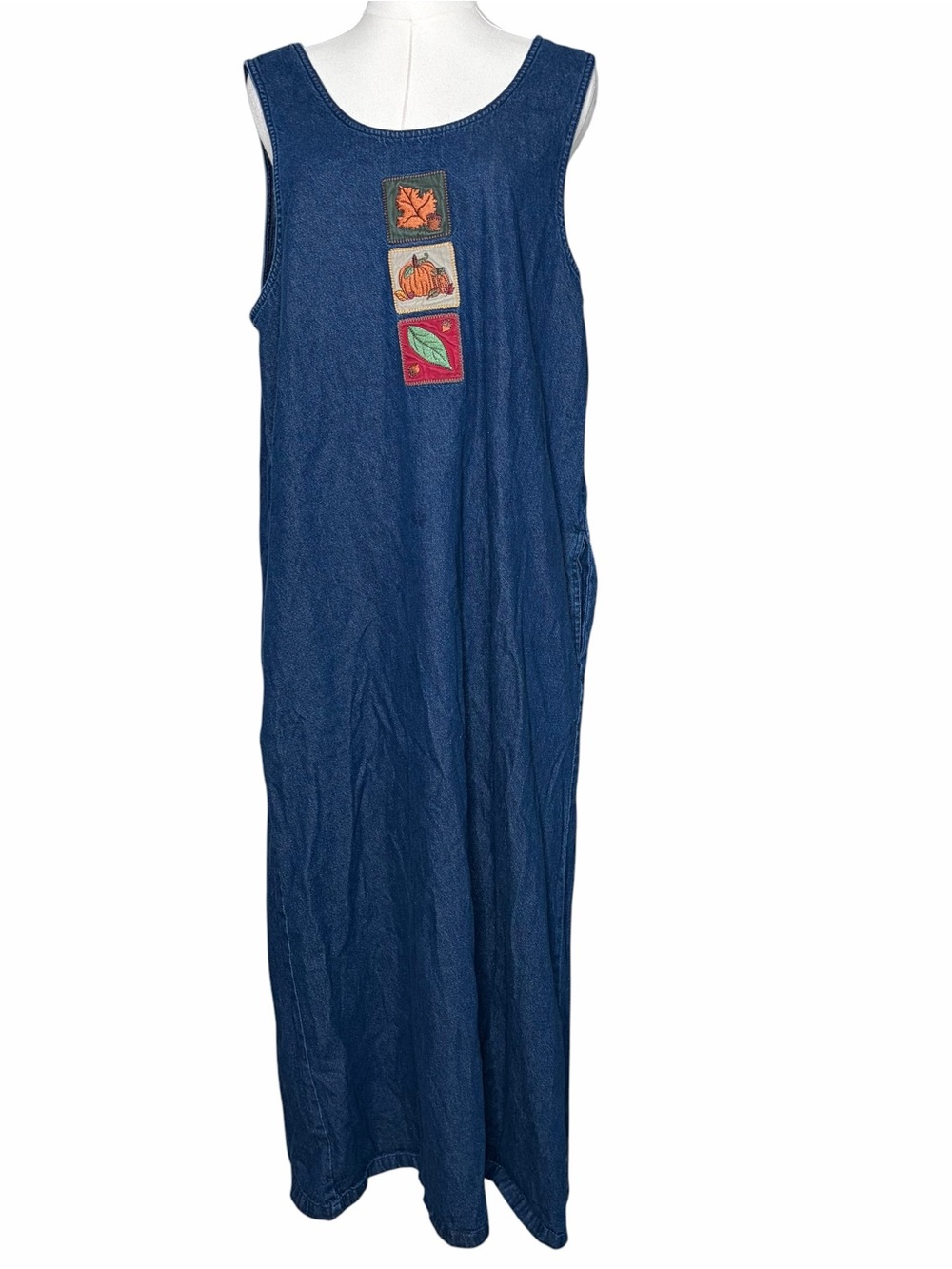 Vintage 90s Denim Foliage Fall Pumpkin Maxi Dress Whimsy Fairy Cottage Retro